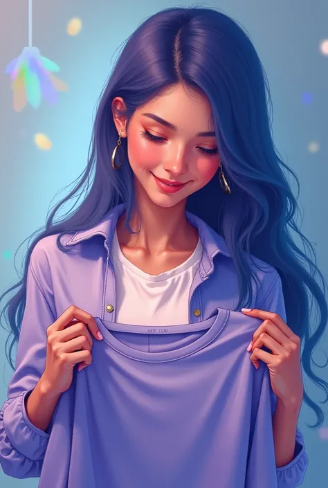 Beautiful girl with long straight hair in blue and purple , excited about the new shirt that she bought while she is wearing it and looks at her shirt excited