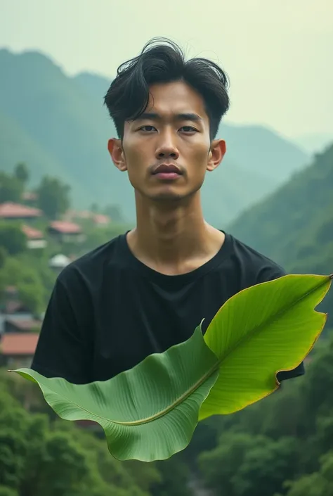 Very close up image of a high-minded man handsome asian man wearing a black t-shirt Image of a beautiful Korean woman text" HERU WISNOE "  full blue jeans standing keeping you balanced on a banana leaf floating in the air realistic hovering over a plane Be...