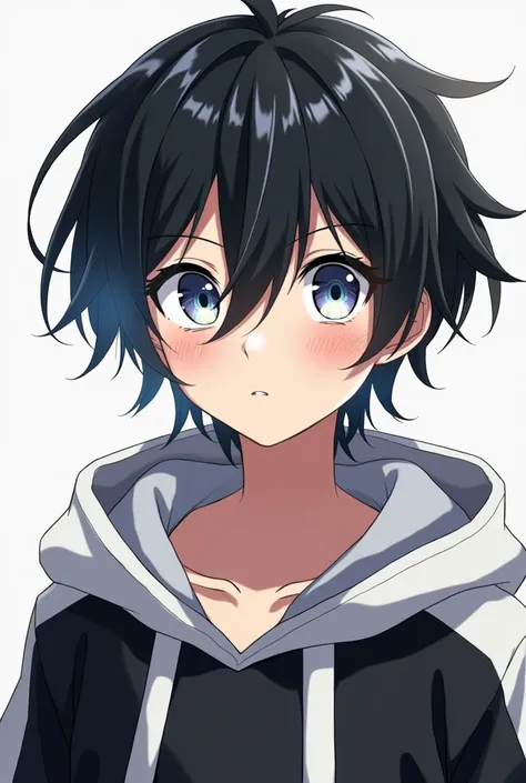 Make it anime style: A boy with black gradient hair with white tips, silver-colored eyes, black and white hoodie 