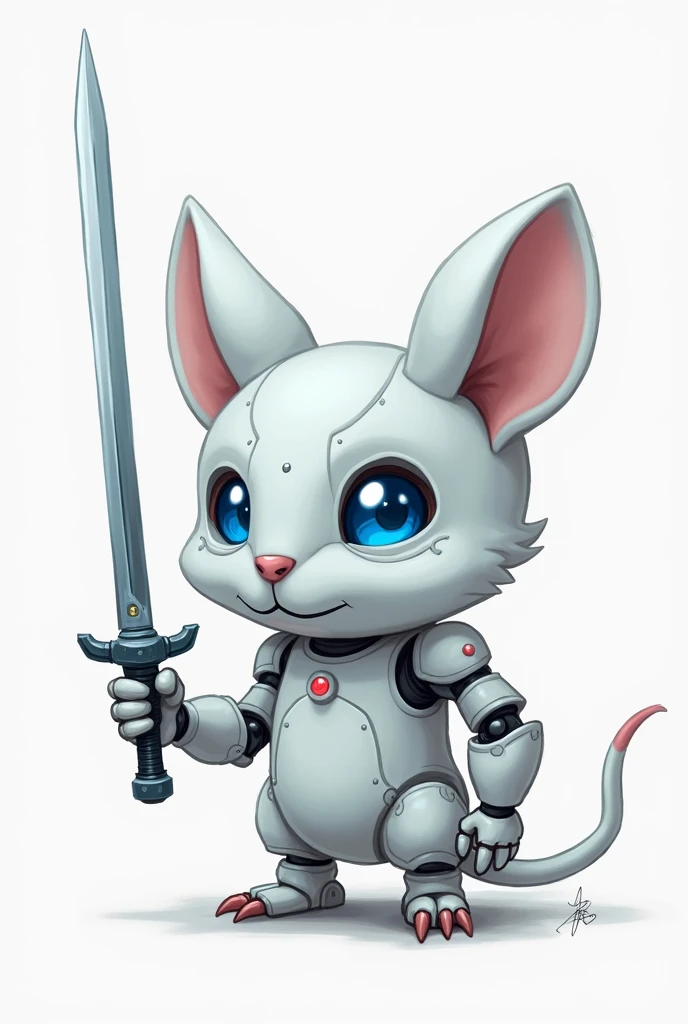  digital sketch ,  a mouse pc ,  white mouse face, animal, robot,  sticks USB cable , eyes shining, ojos azules, friendly, Face mouse , Nose, Cara owo , robot, robot body, femenino, robotic parts, proportions, sword, sword en la mano.