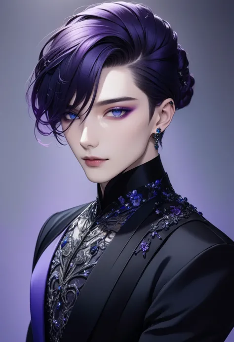 Boy, soft womanish rounded facial features, smile, fdark blue eye, dark purple hair, hime-cut bang hairstyle,  hair gathered in a low bun, black clothes with blue and purple elements, long black gloves, model, gorgeous, elegant, lots of metallic silver jew...