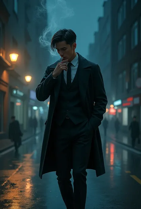 19 year old man height 170 weight 80 smoking a midnight walk in the rain and he wears a suit, his hair is neat 