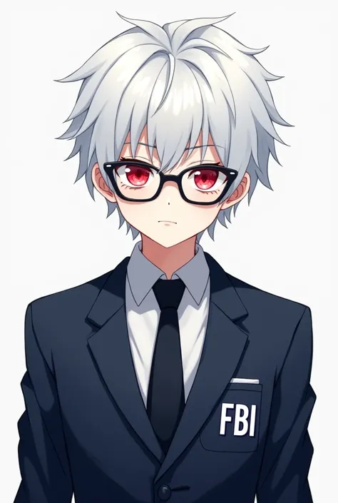 *Ethig is an  boy with short pointed snow-white hair and red eyes and white skin and wears glasses and wore a very dark blue FBI police suit, anime version*