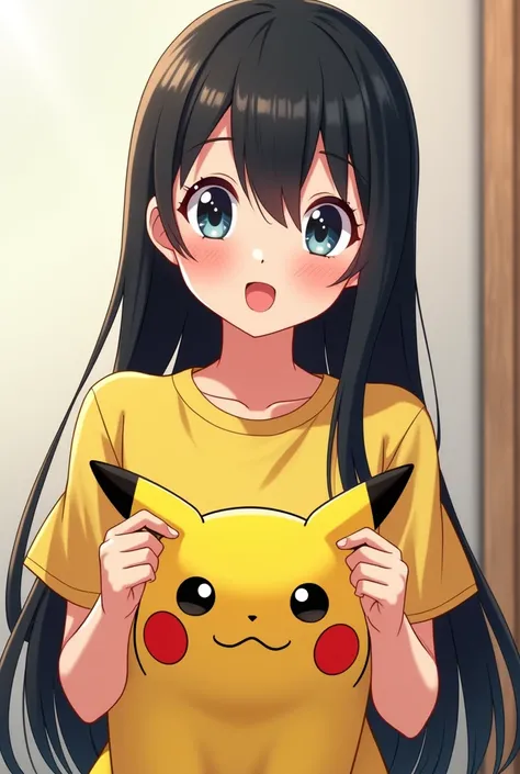 Beautiful adult anime girl with long straight black hair ,  excited about the new Pikachu shirt that she bought while she is wearing it and looks at her shirt excited