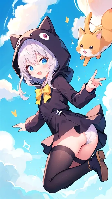 beautiful illustration, best quality, cute girl , animal hood, dynamic angle, sky, jumping