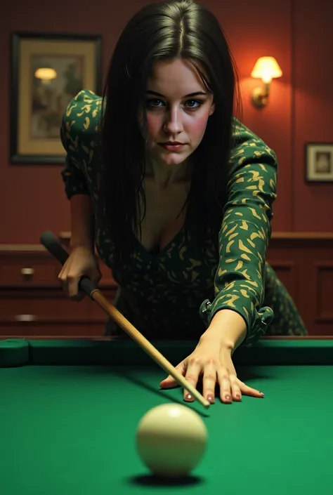 This woman,  dark hair, When playing billiards ,  realistic presentation