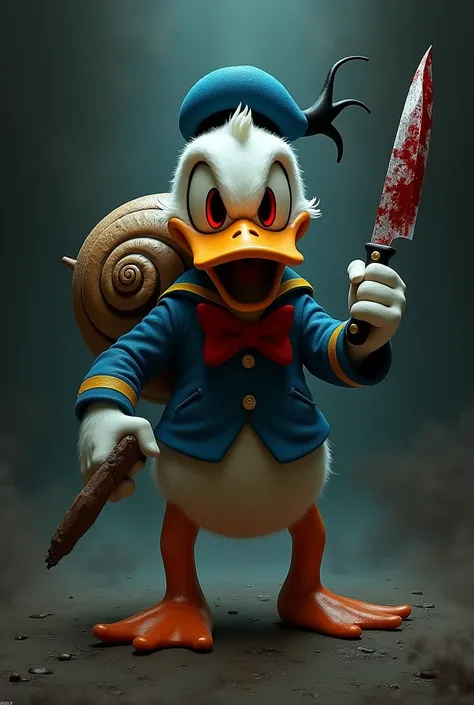  Donald Duck with snail shell on his back and red eyes. In his hand a bloody knife  