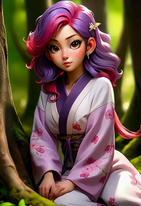 Realistic sexy Japanese girl with long purple and pink hair in a cherry forest sitting against a tree 