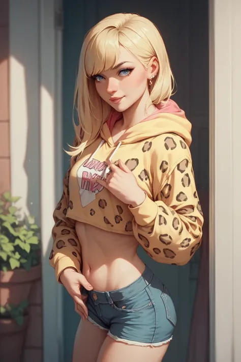 The bangs are center-parted, long, and softly wavy, gently framing the face and curving down toward the cheeks. Leopard long sleeve crop hoodie, short jeans, blonde hair
