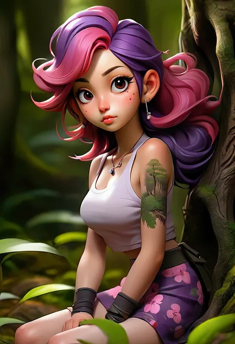 Realistic sexy Japanese girl with long purple and pink hair in a cherry forest sitting against a tree in a mini skirt and tank top 