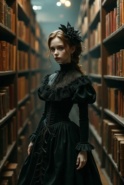 A girl with the appearance of a Vitorian doll in a gothic dress is standing in a bookstore 