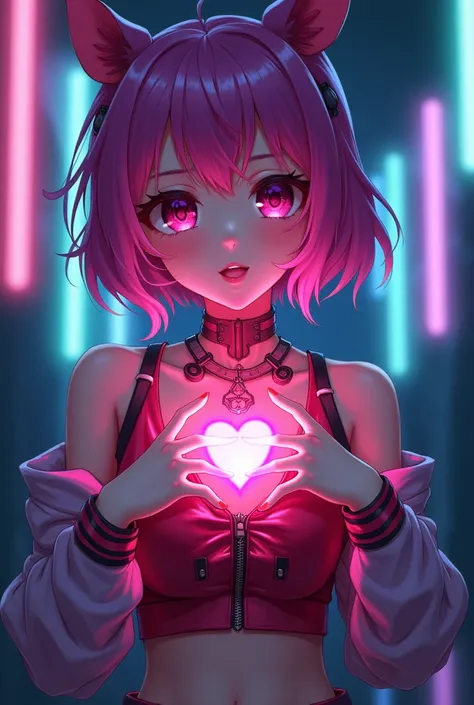 anime girl neon clothes shows her heart with her fingers