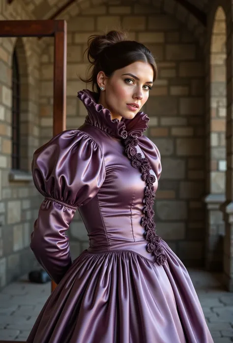 (realistic photograph close up sideways victorian) (a big bust slender waist pleased beautiful orgasm hot looking lady with (messy hair bun)), (she is wearing (an exaggerated elaborate shiny lila silk high neck dress with (long extremely big puff sleeves),...