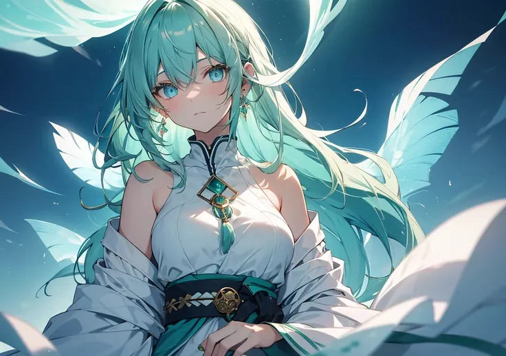 Generate a close-up of a girl with light blue-green hair and soft, glowing eyes. She should be surrounded by an ethereal aura, with soft, glowing light reflecting off her earrings, creating a sense of inner peace and meditation