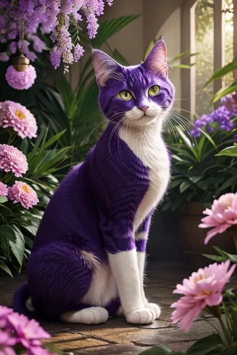 Create an image of a magnificent, furry purple cat with a shimmering, soft coat, exuding beauty and elegance. The cat should have captivating, large eyes, and a graceful, confident posture. Surround the cat with a magical, colorful landscape filled with vi...