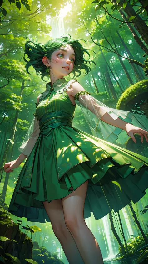 A beautiful, cute girl with an excited expression, wearing a whimsical green forest-themed outfit made of leaves and natural elements, like vines and small branches. She is joyfully jumping in the air, surrounded by a cascade of green glowing coins falling...