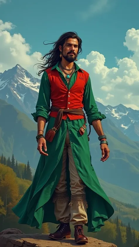 gypsy, medium goatee ,  green shirt dress,  bright red vest ,   light bombacha style pants ,  lapis lazuli necklace . 