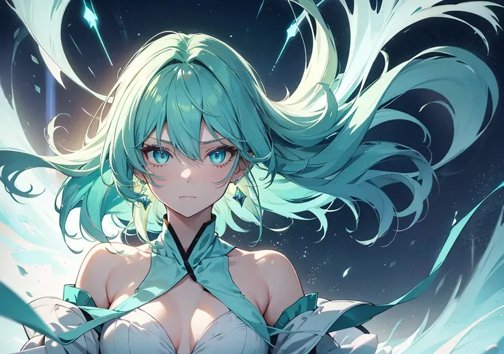 Generate a close-up of a girl with light blue-green hair and soft, glowing eyes. She should be surrounded by an ethereal aura, with soft, glowing light reflecting off her earrings, creating a sense of inner peace and meditation