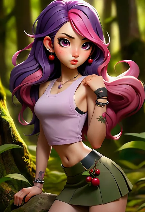 Realistic sexy Japanese girl with long purple and pink hair in a cherry forest in a mini skirt and tank top with pink and purple eyes 