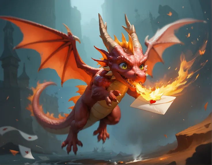 Dragon Postman ,  fantasy, dragon,  brought out specifically to deliver messages using its magic flame,  Hes tiny but ready to eat you , if in response to a message you send a simple “OK” masterpiece, best quality, amazing quality, very aesthetic, absurdre...