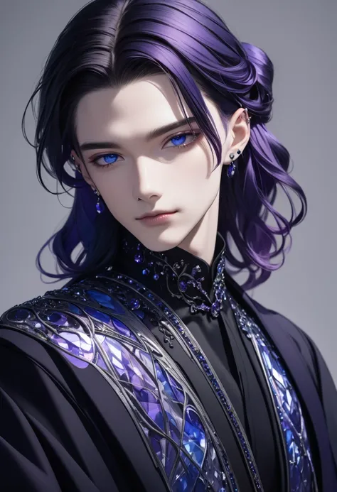 Boy, soft womanish rounded facial features, calm smile, dark blue eyes, dark purple long loose hair, hime-cut hairstyle, black clothes with blue and purple elements, long black gloves, model, gorgeous, elegant, lots of metallic silver jewelry, piercing in ...