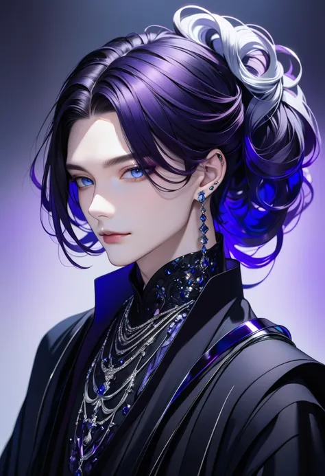 Boy, soft womanish rounded facial features, calm smile, dark blue eyes, dark purple long loose hair, hime-cut hairstyle, black clothes with blue and purple elements, long black gloves, model, gorgeous, elegant, lots of metallic silver jewelry, piercing in ...