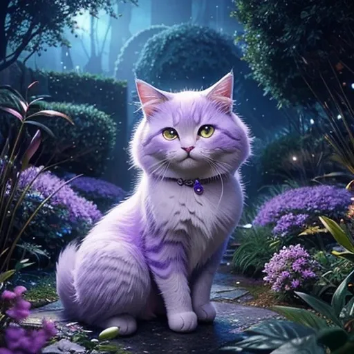 Create an image of a magnificent, furry purple cat with a shimmering, soft coat, exuding beauty and elegance. The cat should have captivating, large eyes, and a graceful, confident posture. Surround the cat with a magical, colorful landscape, glowing plant...