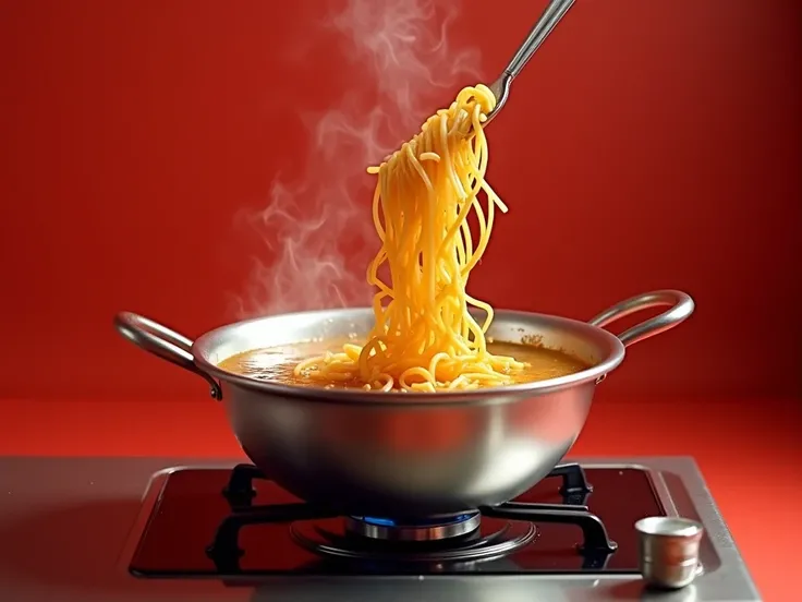 A sleek, shiny silver  bowl sitting on a stove, with raw cut thin glistering Indomie noodles being cooked inside. The noodles are immersed in a bubbling pot of water, steam rising gently from the surface. The bowl is slightly tilted, showing the noodles be...