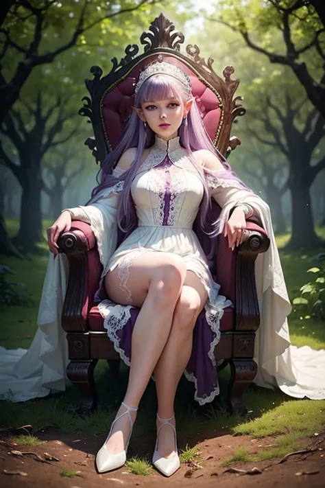  Make an image of a beautiful woman , white-skinned ,  in a white lace and embroidered dress , purple hair,  pointy ears and burgundy lips .  Sitting on a throne made of tree roots ,  with a thunderous tree in the background of a shady garden.