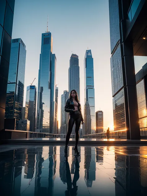 A contemporary urban scene featuring a completely nude European woman standing against a backdrop of sleek, reflective skyscrapers. The time of day is early evening, with a warm golden sunset illuminating the edges of the buildings and casting a gentle glo...