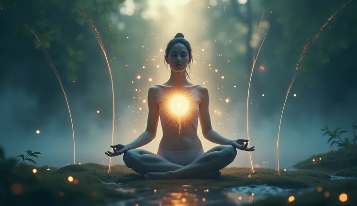 "An image of a person meditating in a peaceful, natural environment, with glowing, transparent energy lines flowing from their chest and hands, symbolizing their intuitive connection to the universe. The landscape around them is calm and serene, with a sof...