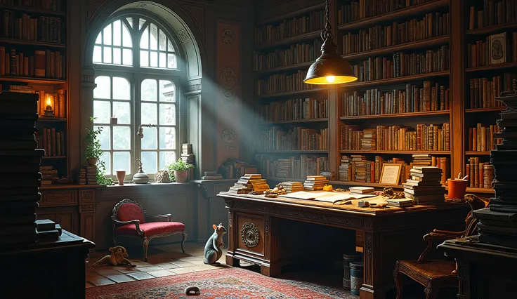  The main characters room , magicians room ,  The room is littered with scrolls ,  open books and crumbs on the study table ,  because some people are not used to keeping order,  squirrels are running everywhere , dark FANTASY 
masterpiece , best quality, ...