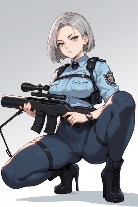 simple sketch,  color sketch drawing, simple lines, Female about 20 years old police officer, gray hair,  short Bob-style hair with long fringes and on the forehead , gray eyes with ,  red lens on the right eye,  round tits , wearing tight costume with nin...