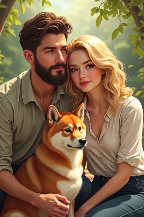 Homme brun, cheveux courts, barbe, peau claire, décontracté avec femme blonde, peau claire et akita inu roux