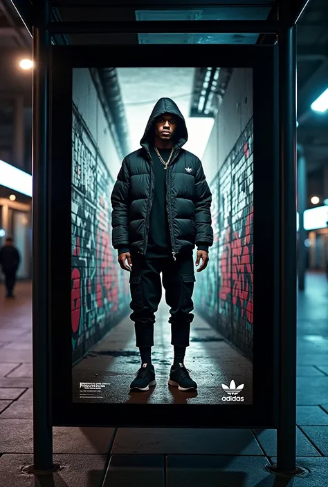 Generate an image related to Adidass urban style for an advertisement on a bus stand but that have dark colors in the background and that are accompanied