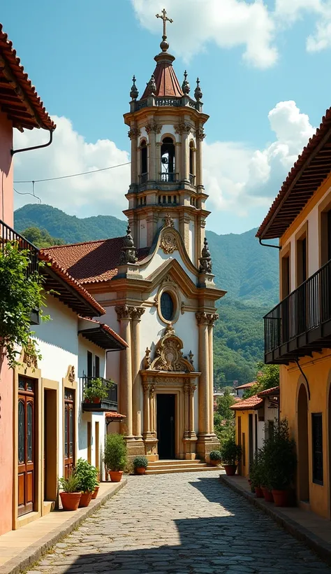 A small baroque church in Ouro Preto , Brazil,  surrounded by green hills and colonial houses ,  with an atmosphere of tranquility and history."