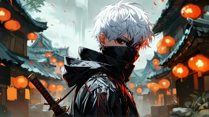  boy, white hair, kpop haircut, black eye, black jacket with red detail, black pants, ninja village background,"Naruto anime style design, 2D animation style, dramatic lighting, fine lines, stunning assets, stunning asset, stunning animation, animation cha...