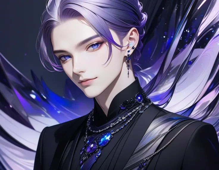 Boy, soft womanish rounded facial features, calm smile, dark blue eyes, dark purple  hime-cut hairstyle, black jacket, black clothes with blue and purple elements, model, gorgeous, elegant, lots of metallic silver jewelry, piercing in ears