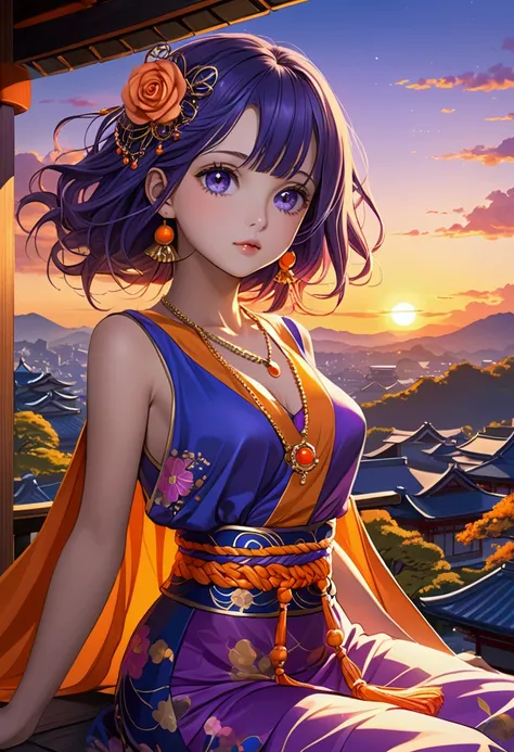 Fille japonaise sexy aux cheveux longs violet et rose aux yeux bleus et orange pendant le coucher du soleil avec des planètes en mini jupe et en débardeur assise sur une falaise 