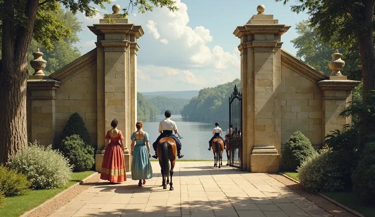 Color photo of an aristocratic equestrian estate in Europe, 1850, featuring a grand entrance with stone pillars,A lake in the background,In the foreground two women are walking in colorful dresses. Riders leave the property