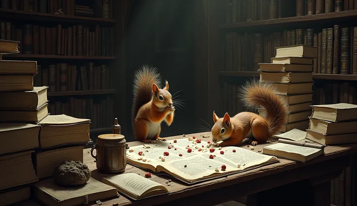  The main characters room ,  The room is littered with scrolls ,  open books and crumbs on the study table ,  because some people are not used to keeping order,  squirrels are running everywhere , dark FANTASY 
masterpiece , best quality, amazing quality, ...