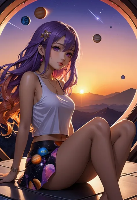 Sexy Japanese girl with purple and pink long hair with blue and orange eyes during sunset with planets in mini skirt and tank top sitting 