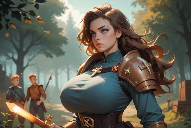 Attractive female warrior, sneaking through the woods, blue eyes, brown hair, huge breasts, Super Detailed, Glowing Light, Long Hair, brown armour, purple clothing