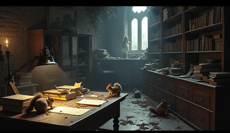  The main characters room ,  The room is littered with scrolls ,  open books and crumbs on the study table ,  because some people are not used to keeping order,  squirrels are running everywhere , dark FANTASY 
masterpiece , best quality, amazing quality, ...