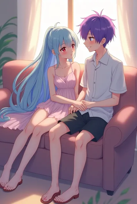  Create an anime boy Qué Sellame Sai 18 years old with purple hair and red eyes Create an anime girl What is called Emi 18 years old with long hair and sky blue eyes and who is 170 tall who is sitting on the couch in a short evening skirt with sai 