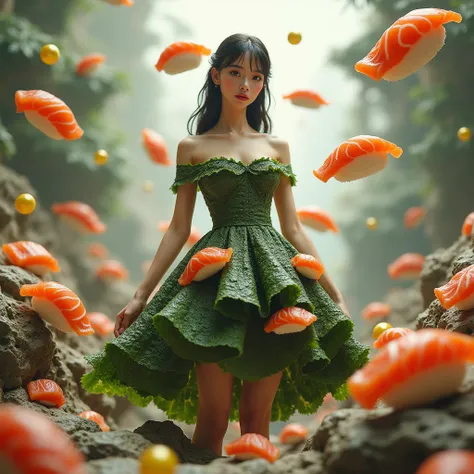  There is a realistic girl standing, wedding,  edible clothes ,  sushi clothes , nori ,  fish fillet , caviar 