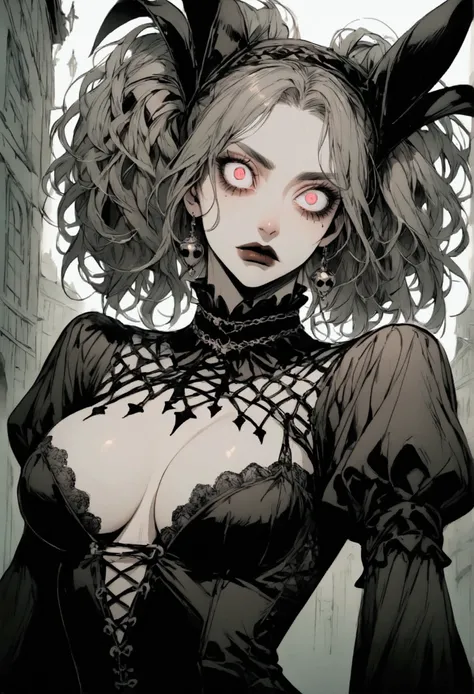 Expressionless, busty, crazy-eyed gothic female jester, strong woman