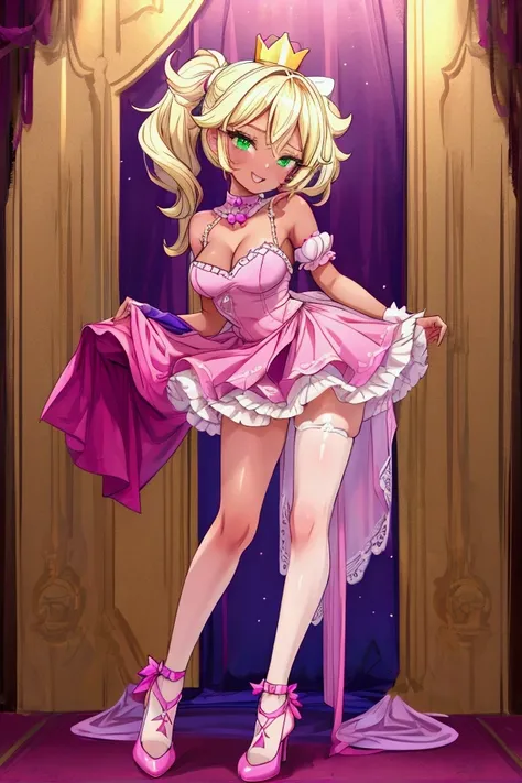 (Masterpiece, best quality) Mandy brawl stars, 1 girl, standing indoors with intricate details and sunlight, magenta and white frilled dress with short neckline, purple high heel shoes, crown in head, blonde medium long  hair, two ponytails, green eyes, bl...