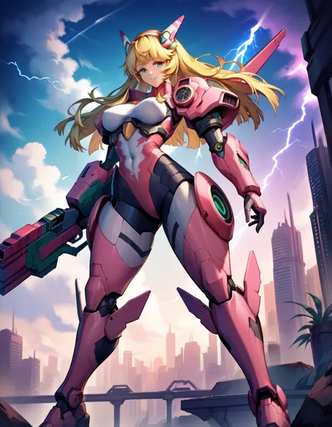 (masterpiece, anthropomorphic fantasy anime style, creative art), anime girl with a gun in a city with lightning, cyberpunk mech anime girl, female mecha, Mechanized Valkyrie Girl, Girl in cyber armor mecha, aesthetic mecha, anime mecha aesthetic, white me...