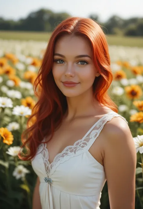 score_9, score_8_up, score_7_up, Western Comics, Portrait, girl, cute, seductive, innocent, light smile:0.3, plump lips, slender body, red hair, in white summer dress, in the field of flowers, style of dark orange and dark aquamarine, moonlit, depth of fie...